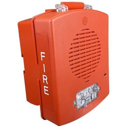 Eaton Wheelock EL4XSPST-FR fire alarm speaker strobe with red housing and mounting bracket, designed for fire safety systems.
