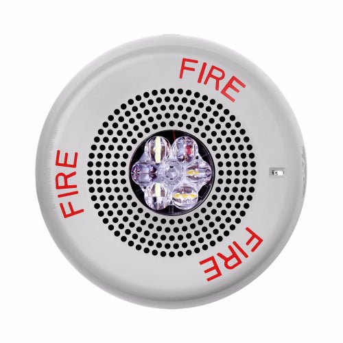 Eaton Wheelock Eluxa high fidelity LED speaker strobe horn with bright flashing light and speaker grille, mounted on a wall.