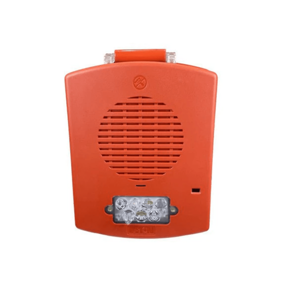 Eaton Wheelock EL4XMTST-FR fire alarm strobe light with multitone alert, NEMA 4X rated, mounted on wall for emergency signaling.