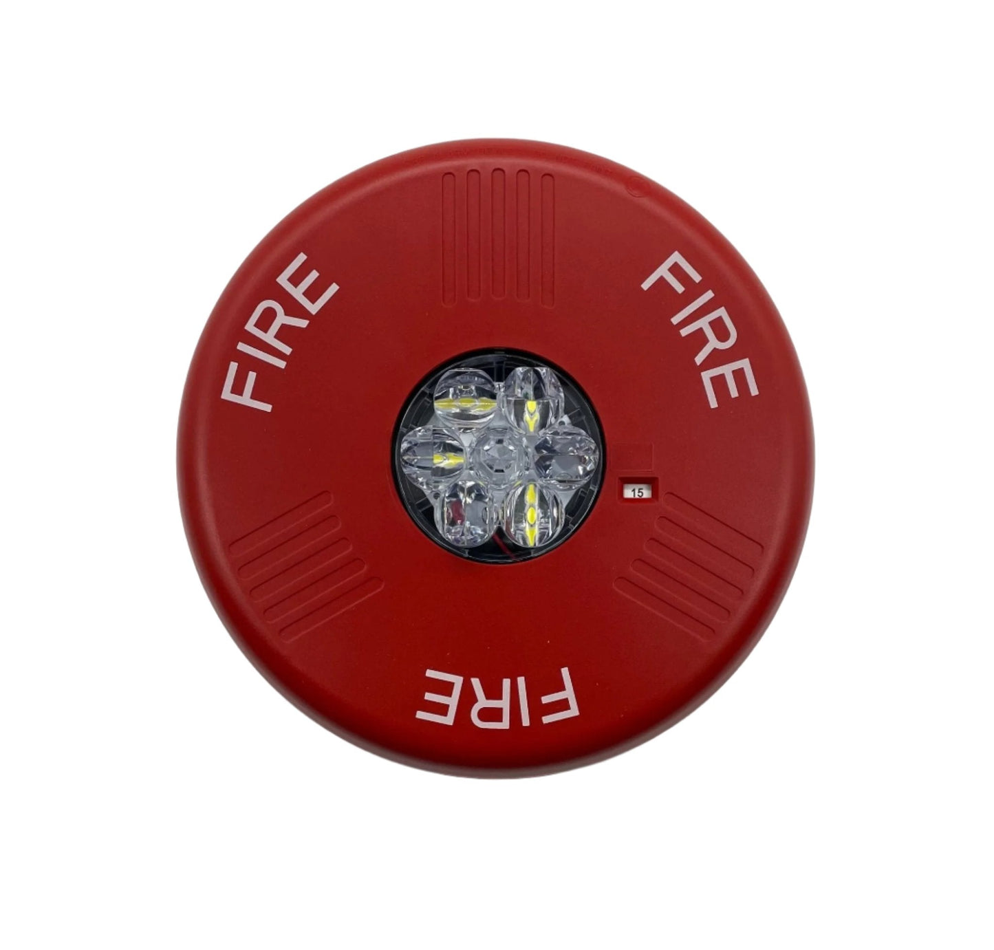 Eaton Wheelock ELSTRC fire alarm strobe light mounted on wall, part of Eaton Wheelock fire alarm system, with clear lens and mounting bracket