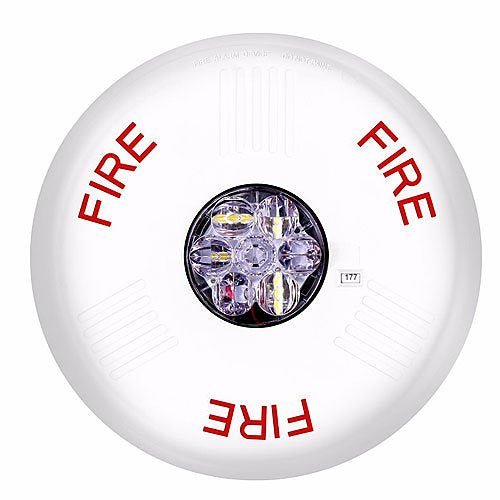 Eaton Wheelock ELSTWC fire alarm strobe light mounted on ceiling with LED indicator, part of Eaton Wheelock fire alarm system