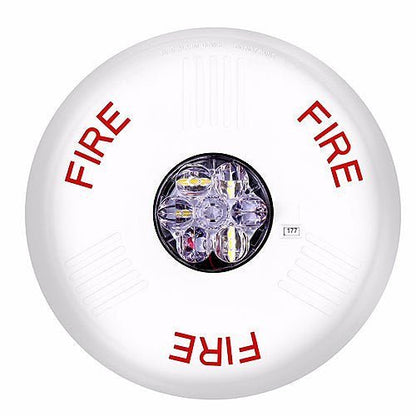 Eaton Wheelock ELSTWC fire alarm strobe light mounted on ceiling with LED indicator, part of Eaton Wheelock fire alarm system