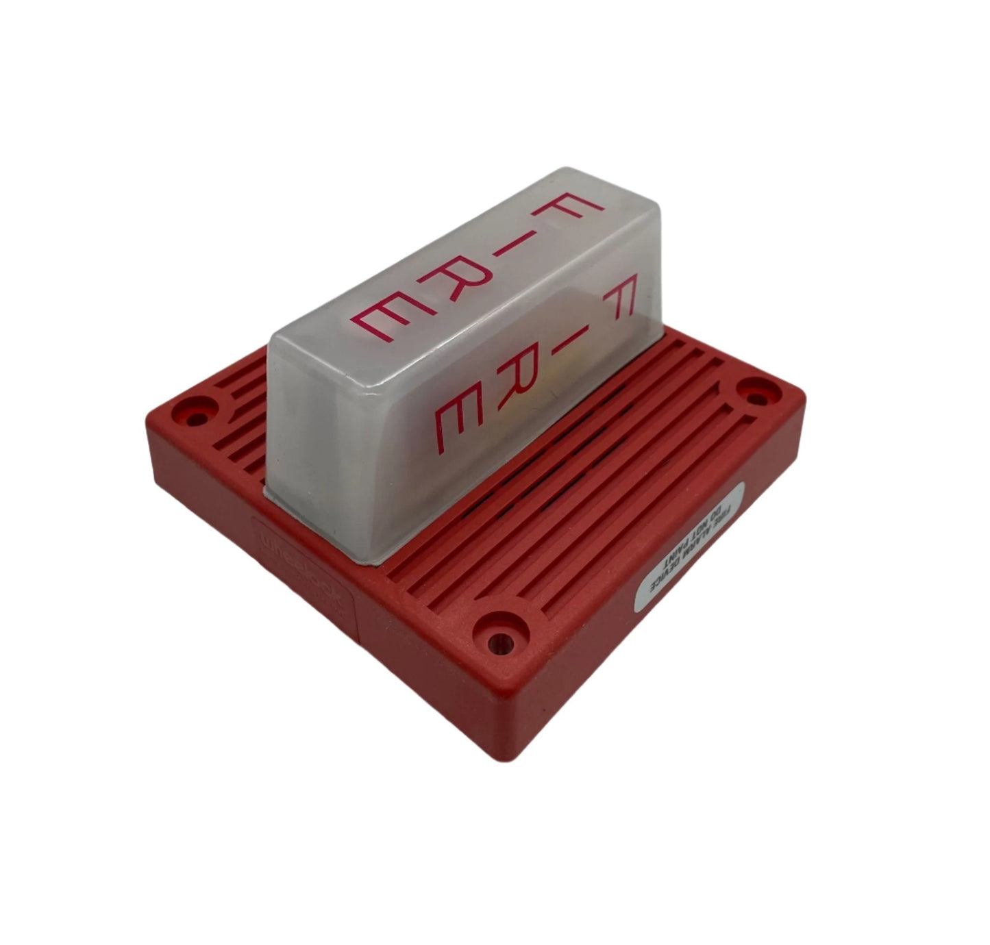 Eaton Wheelock MT4-115-WH-VFR fire alarm with multitone horn and strobe light, mounted on wall for alert signaling.