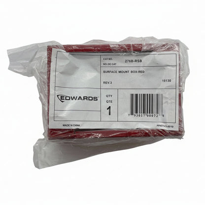 Red surface-mount back box for Edwards 276B-RSB fire alarm, shown from the back side with mounting features.