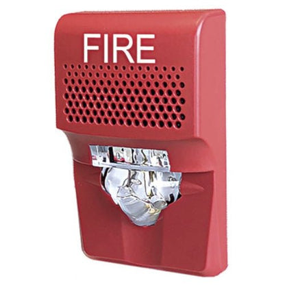 Edwards G1AVRF fire alarm horn and strobe light mounted on wall for emergency alert signaling.