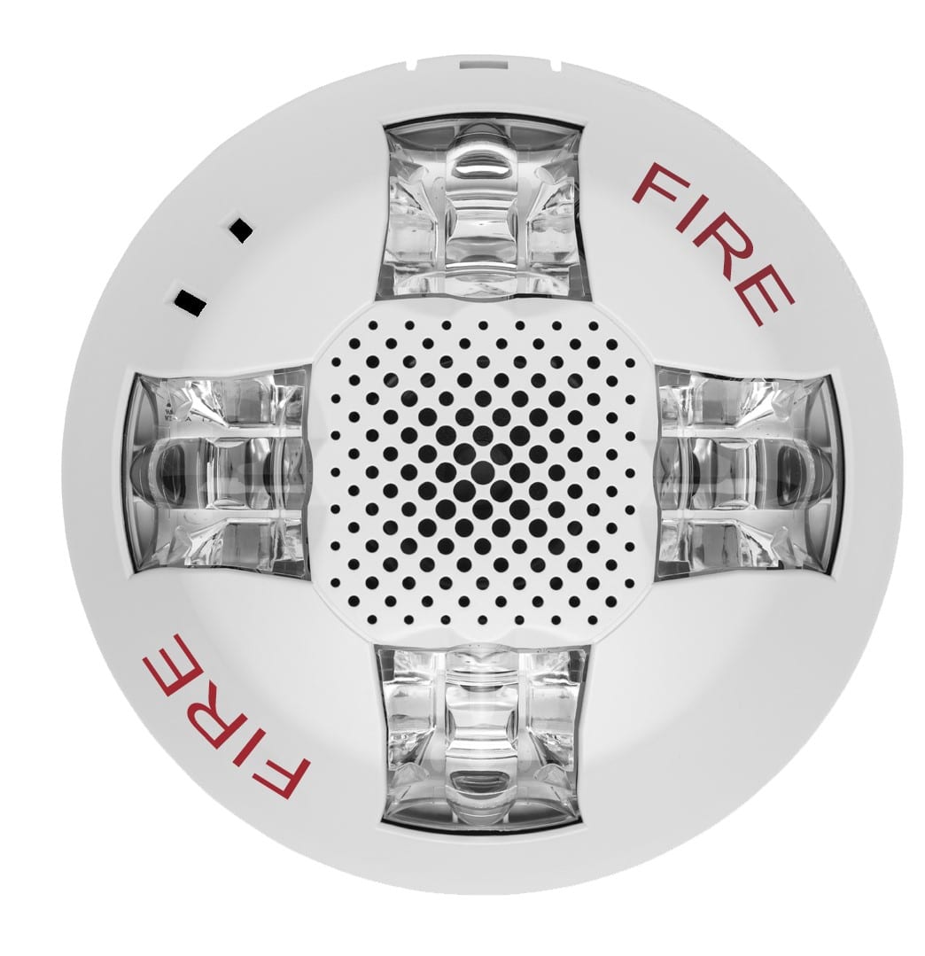 Ceiling-mounted Edwards GCAVWF fire alarm with horn and strobe light for fire safety alert systems.