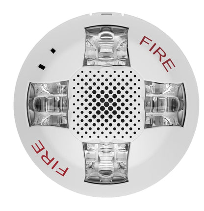 Ceiling-mounted Edwards GCAVWF fire alarm with horn and strobe light for fire safety alert systems.