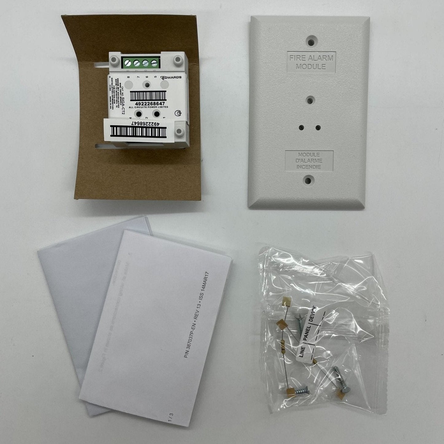 Edwards SIGA-CT2 dual-input fire alarm module with wiring terminals and indicator lights, designed for Edwards fire alarm systems.