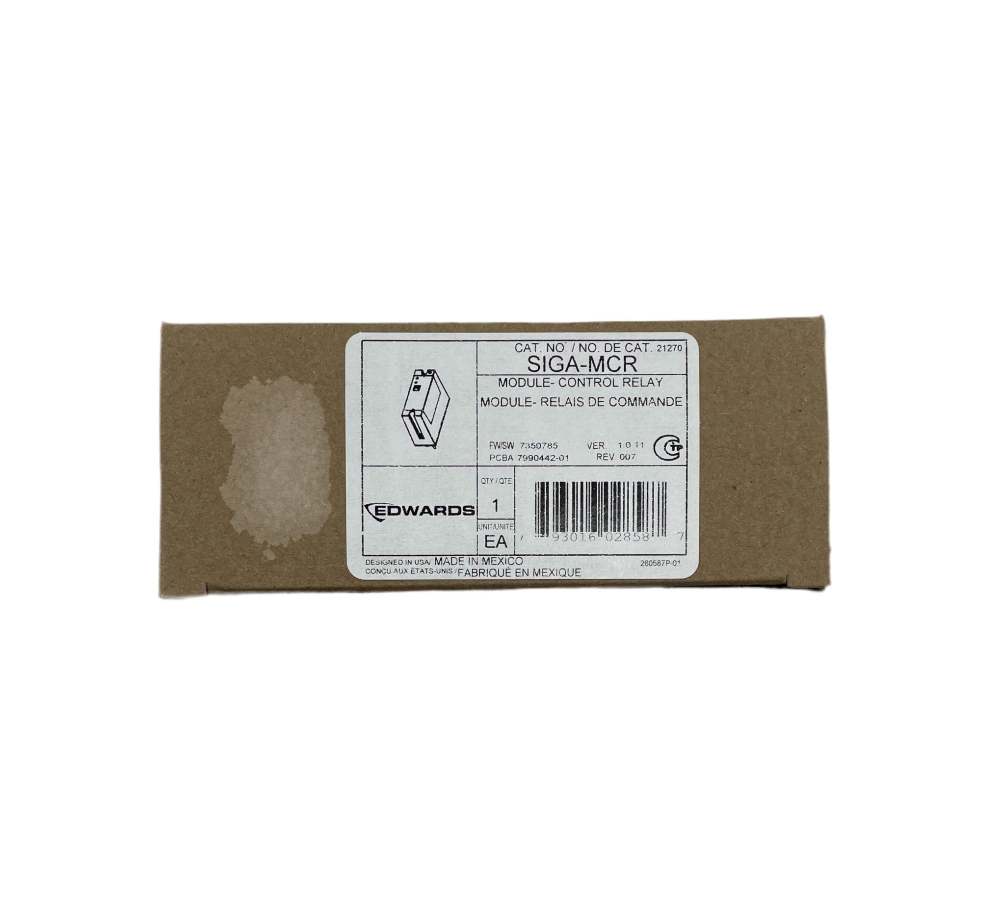 Edwards SIGA-MCR fire alarm control relay module with multiple connection ports and status indicators on a white background.