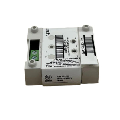 Edwards SIGA-MM1 fire alarm monitor module with multiple connection ports and control indicators on a white background.