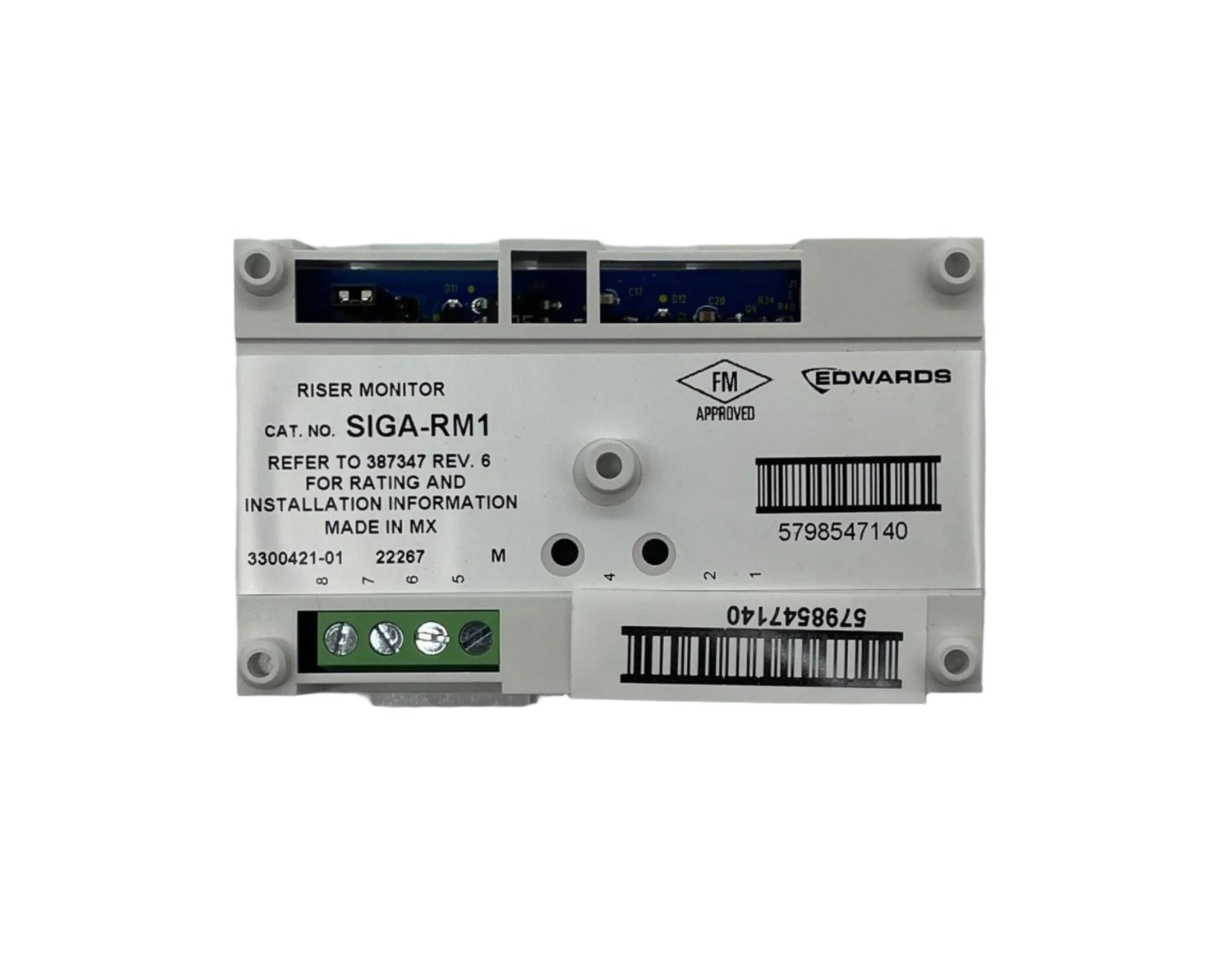 Edwards SIGA-RM1 fire alarm monitor module with connection ports and indicator lights on a white background.