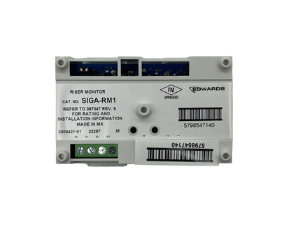 Edwards SIGA-RM1 fire alarm monitor module with connection ports and indicator lights on a white background.