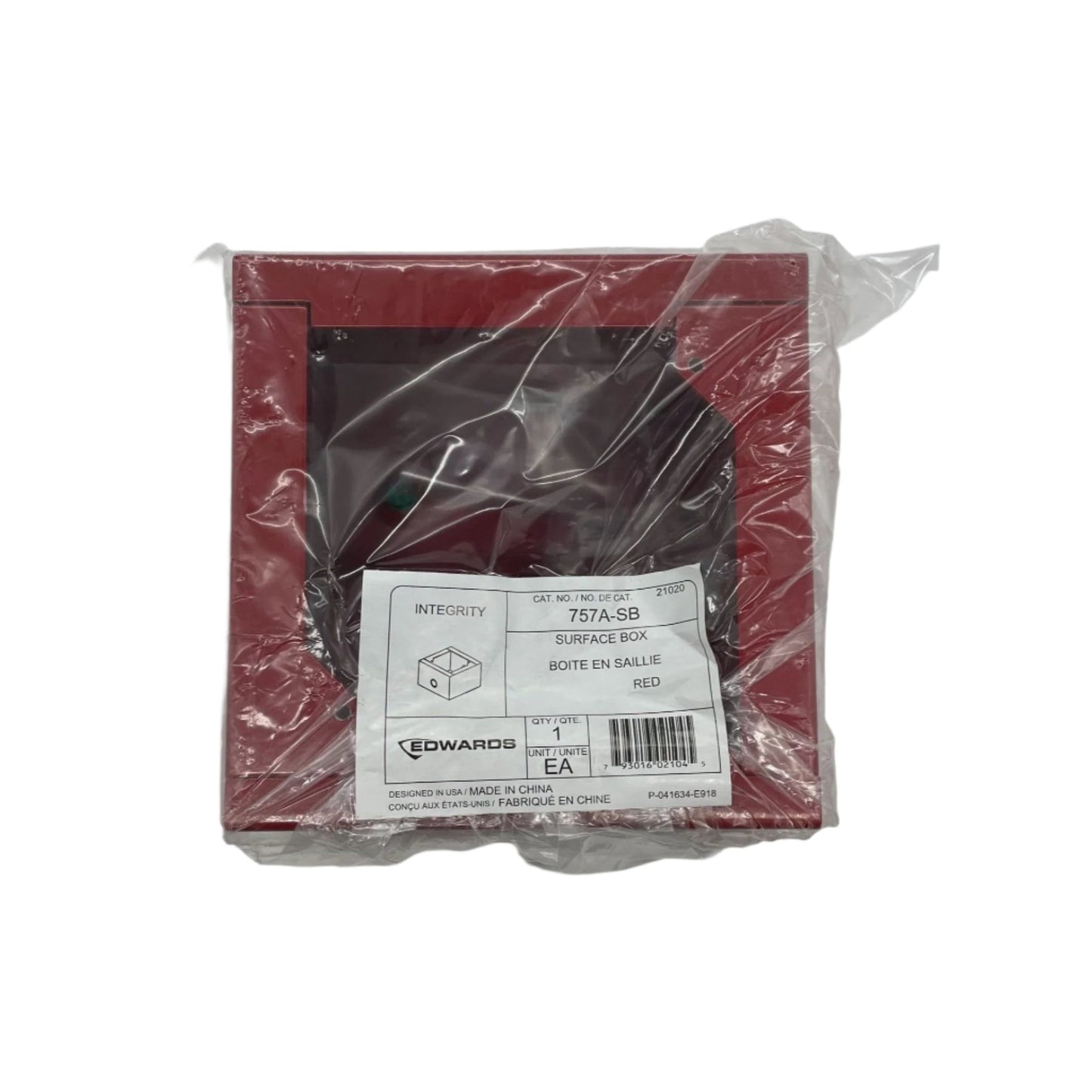 Edwards 757A-SB fire alarm surface box, mounted on wall with visible mounting hardware and label, for Edwards fire alarm system.