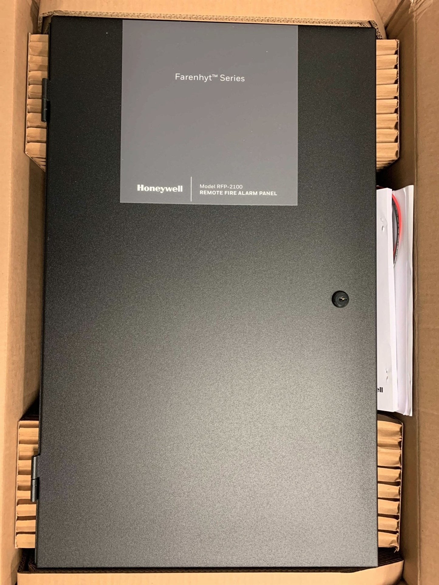Farenhyt RFP-2100B intelligent fire alarm control panel in black with digital display and control buttons.