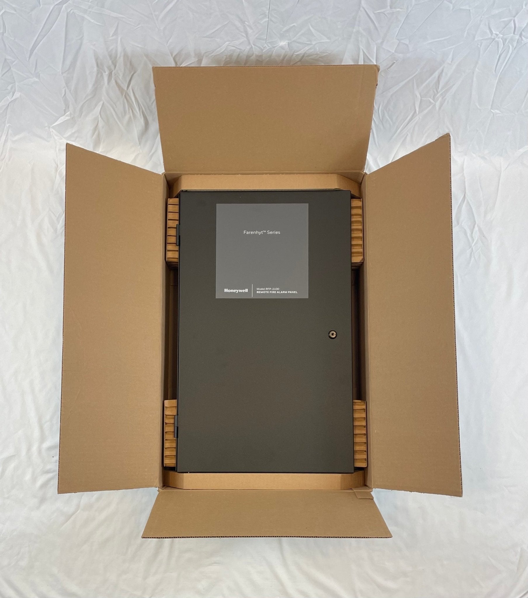 Farenhyt RFP-2100HVB intelligent fire alarm control panel in black, with digital display and control buttons.