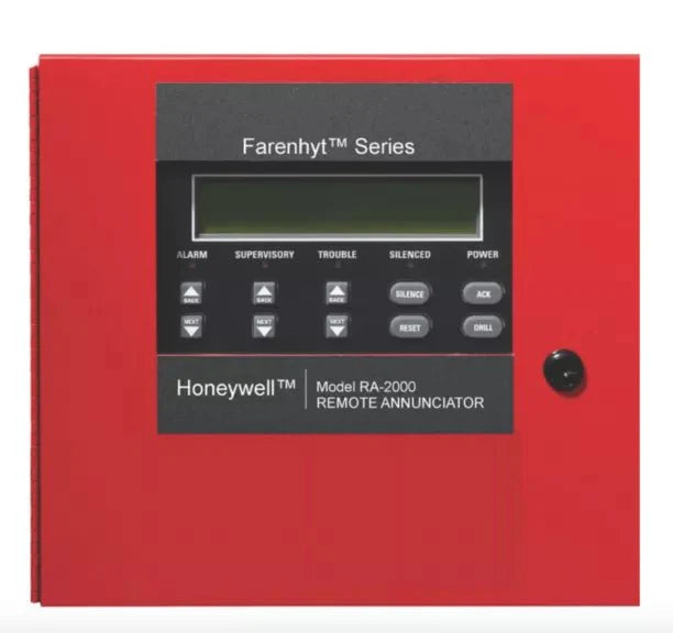 Farenhyt RA-2000 remote annunciator with display panel and control buttons for fire alarm system monitoring.