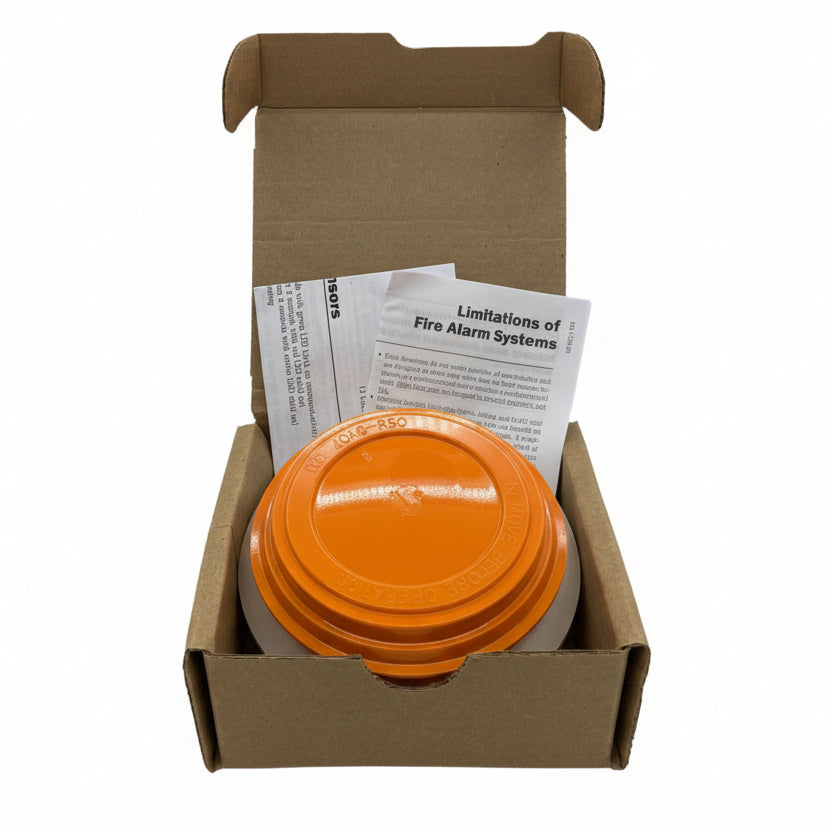 Farenhyt IDP-PHOTO-IV addressable photoelectric smoke detector in ivory color, mounted on ceiling for fire safety detection.