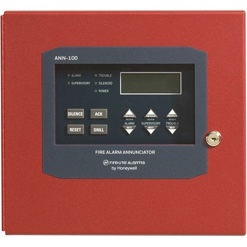 Fire-Lite ANN-100 fire alarm annunciator with LCD display and remote control for fire alarm systems.