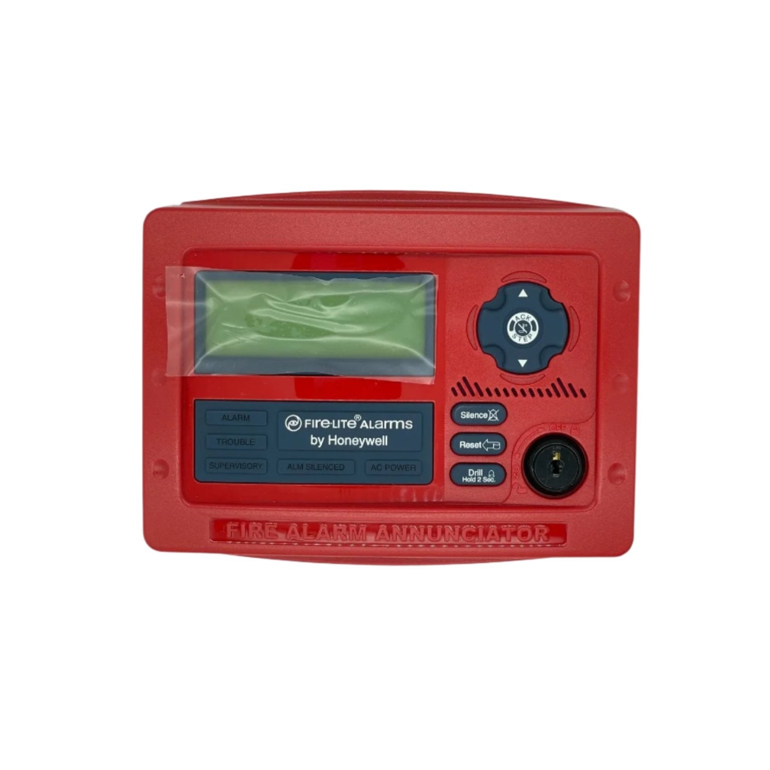 Fire-Lite ANN-80 fire alarm annunciator with LCD display, red casing, and serial connectivity for fire alarm systems.
