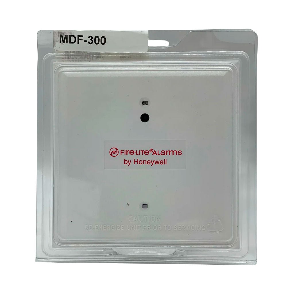 Fire-Lite MDF-300 fire alarm monitor module with dual monitoring capabilities, shown in a close-up view.