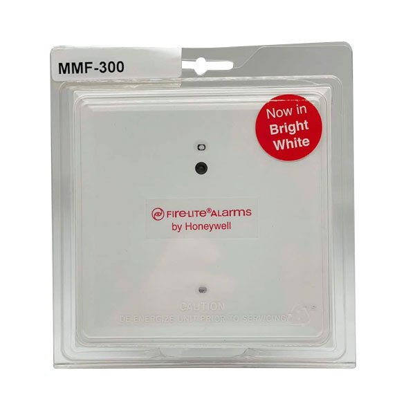Fire-Lite MMF-300 Series addressable monitor module showing circuit connections and front panel for fire alarm systems.