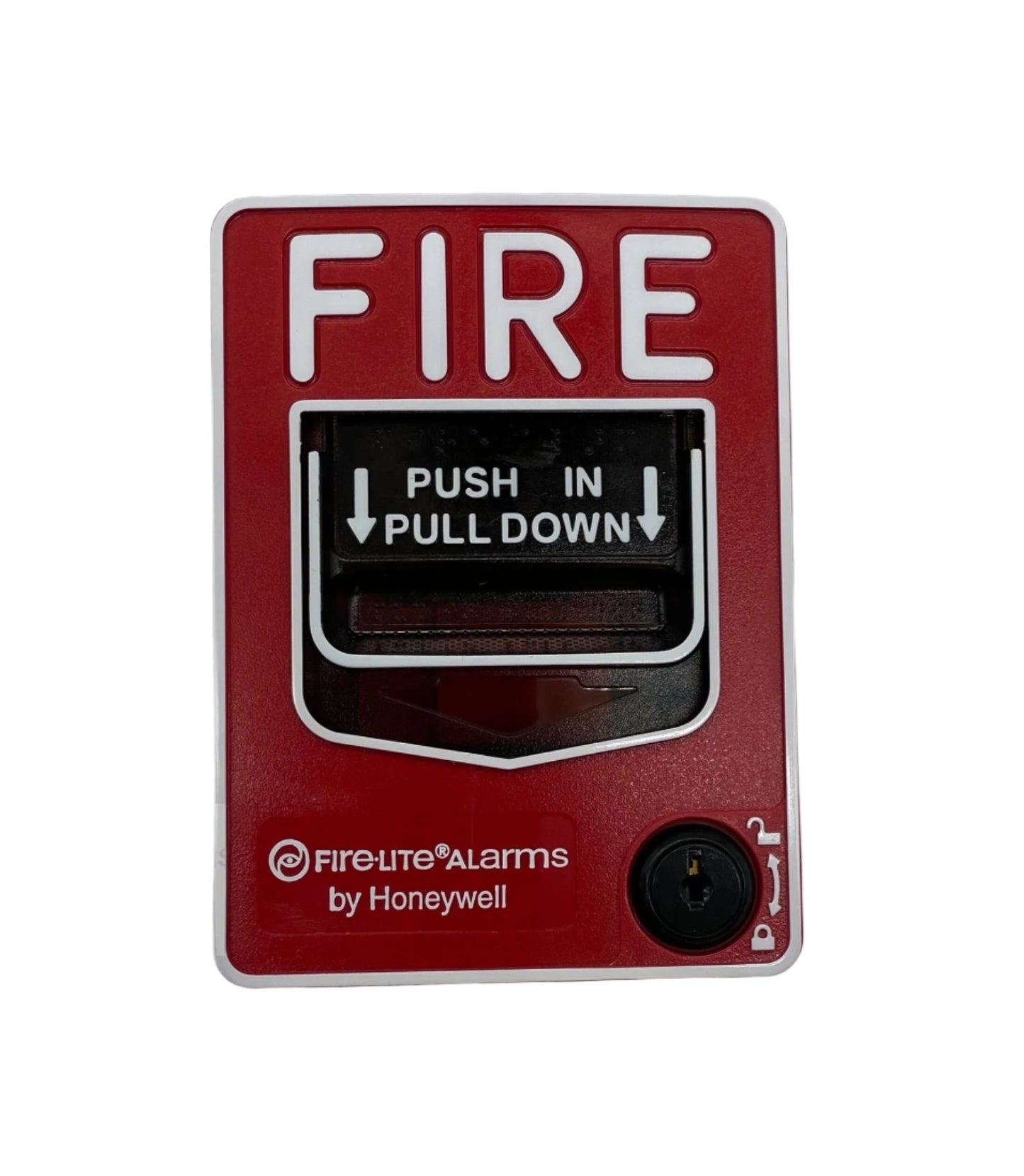 Fire-Lite BG-12L dual-action fire alarm pull station with red exterior and clear instructions for emergency use.