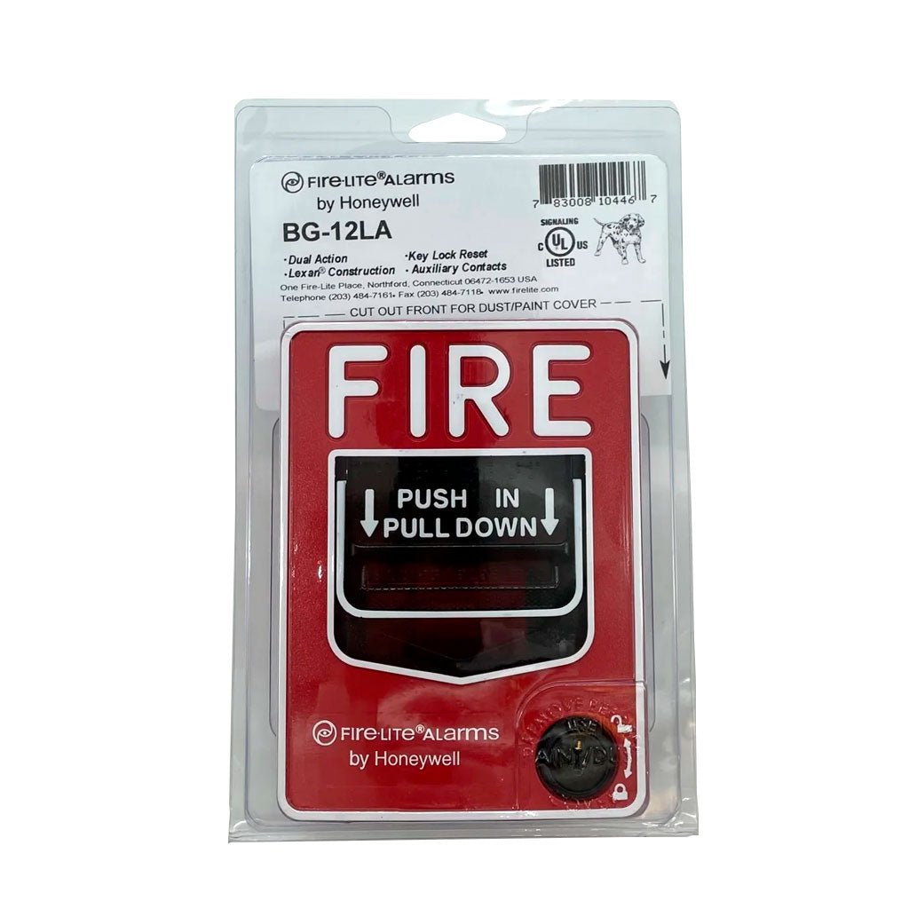 Fire-Lite BG-12LA dual-action fire alarm pull station mounted on a wall with clear labeling and safety instructions.