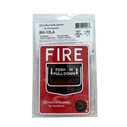 Fire-Lite BG-12LA dual-action fire alarm pull station mounted on a wall with clear labeling and safety instructions.