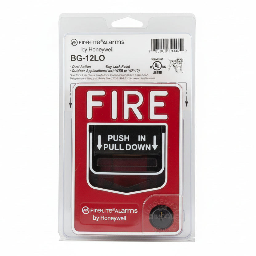 Fire-Lite BG-12LO dual-action fire alarm pull station mounted on a wall, designed for emergency fire notification.