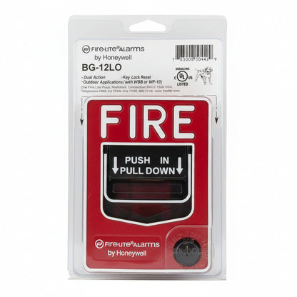 Fire-Lite BG-12LO dual-action fire alarm pull station mounted on a wall, designed for emergency fire notification.