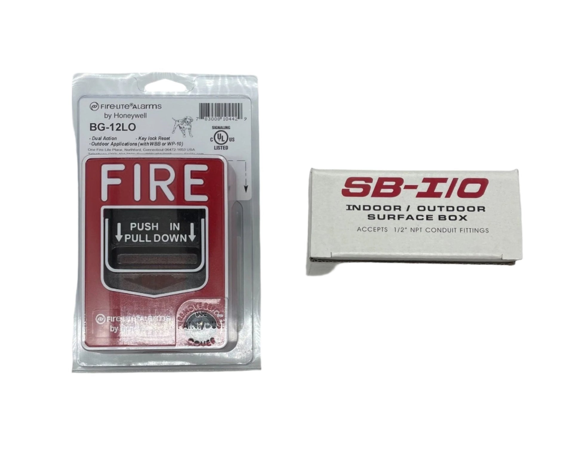 Fire-Lite BG-12LOB dual-action fire alarm pull station with red metal casing and clear labeling for emergency use.
