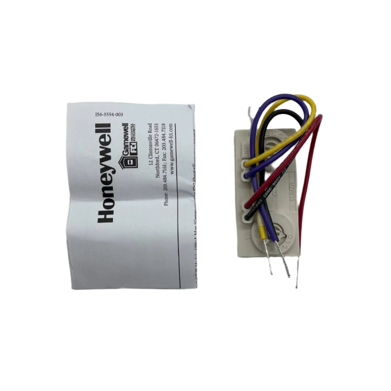 Gamewell-FCI AMM-2F addressable monitor module for fire alarm systems, shown with connection ports and status indicators.