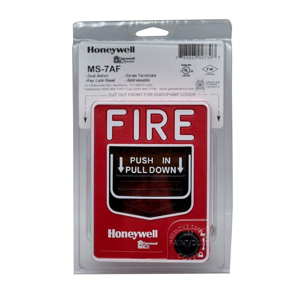 Gamewell-FCI MS-7AF fire alarm pull station, double-action fire alarm station with red plastic cover and emergency label.