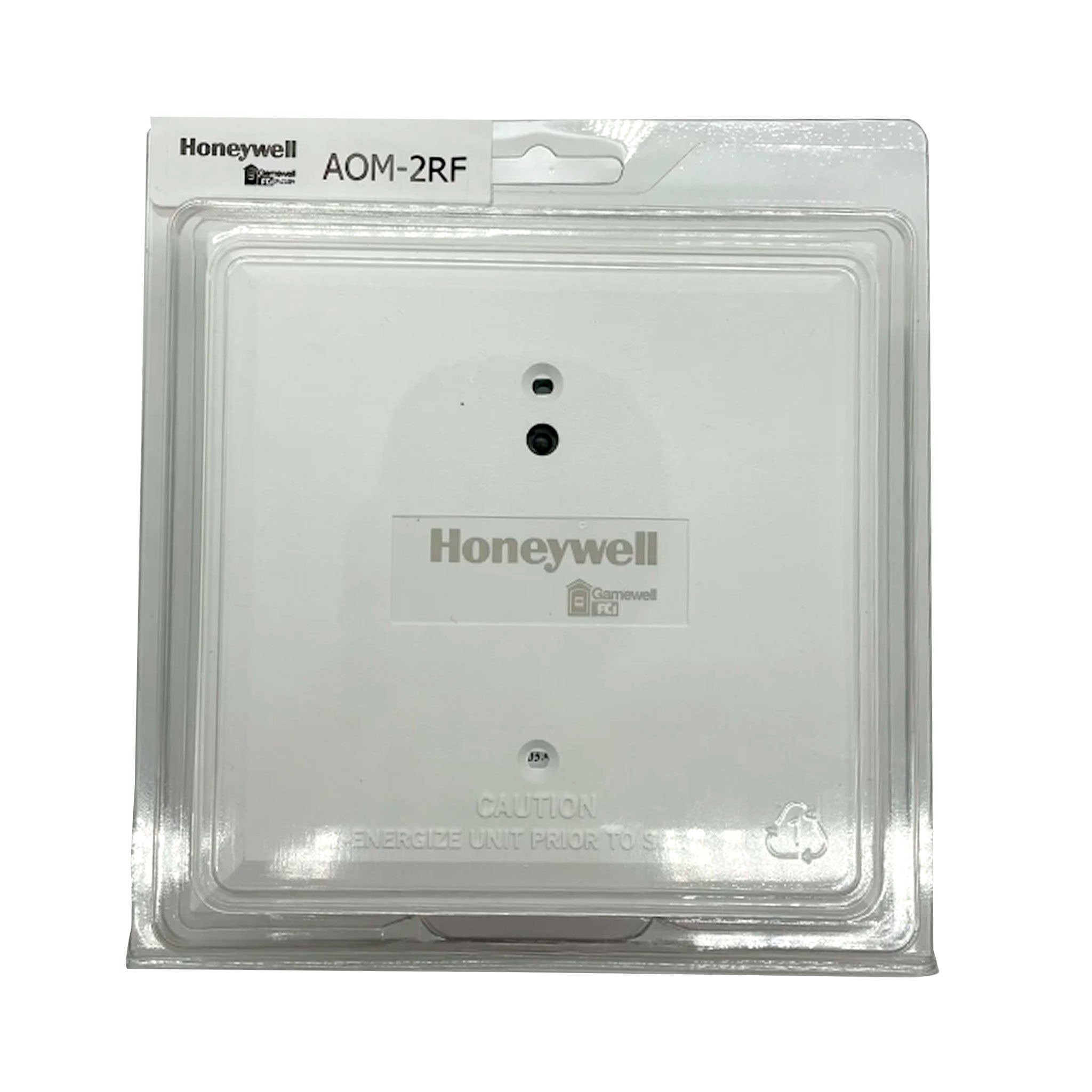Gamewell-FCI AOM-2RF fire alarm relay module showing circuit connections and LED indicators for addressable fire alarm system.