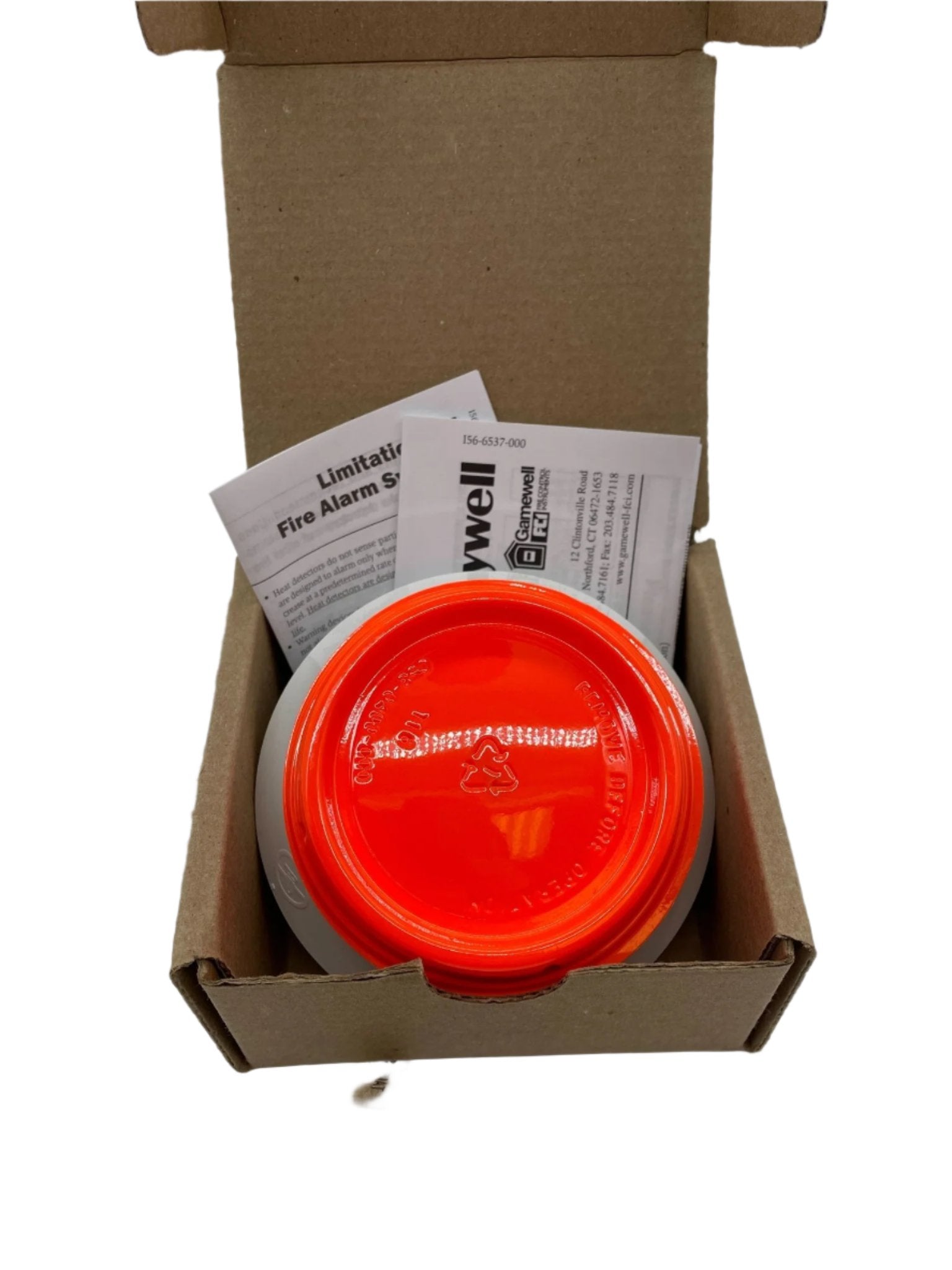 Gamewell-FCI ATD-L3 thermal heat detector for fire alarms, showing a sleek white device with mounting base