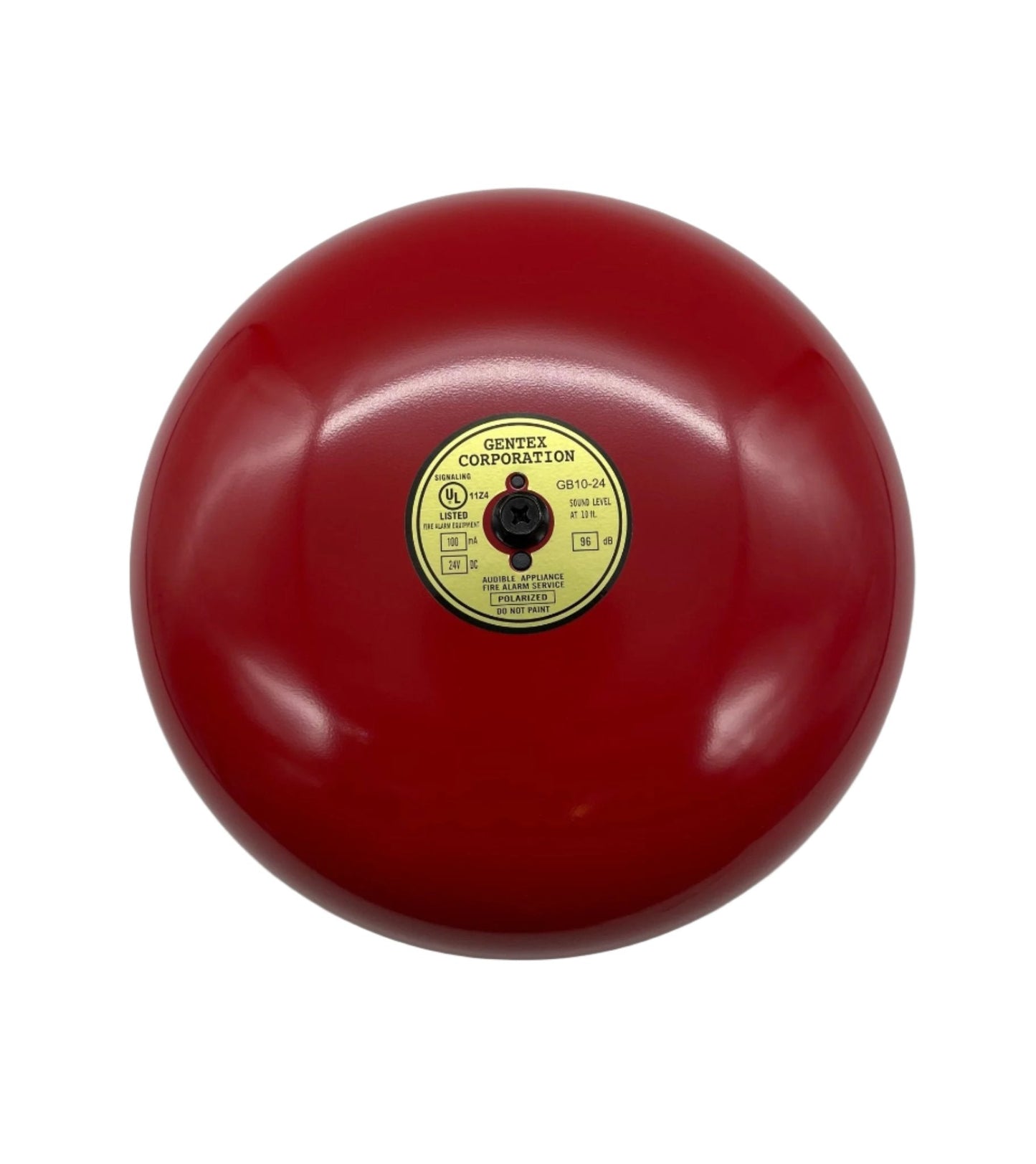 Gentex GB10-24 fire alarm bell in white, mounted on wall, with metal casing and mounting bracket for fire safety alert system