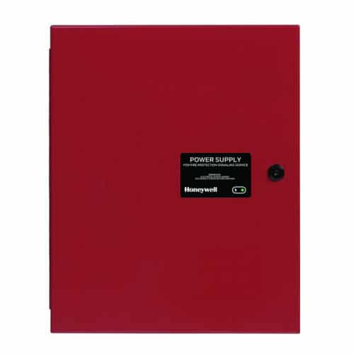 Honeywell Power HPF-PS10 10A 120V AC remote charger power supply in red, with cables and connection ports visible.