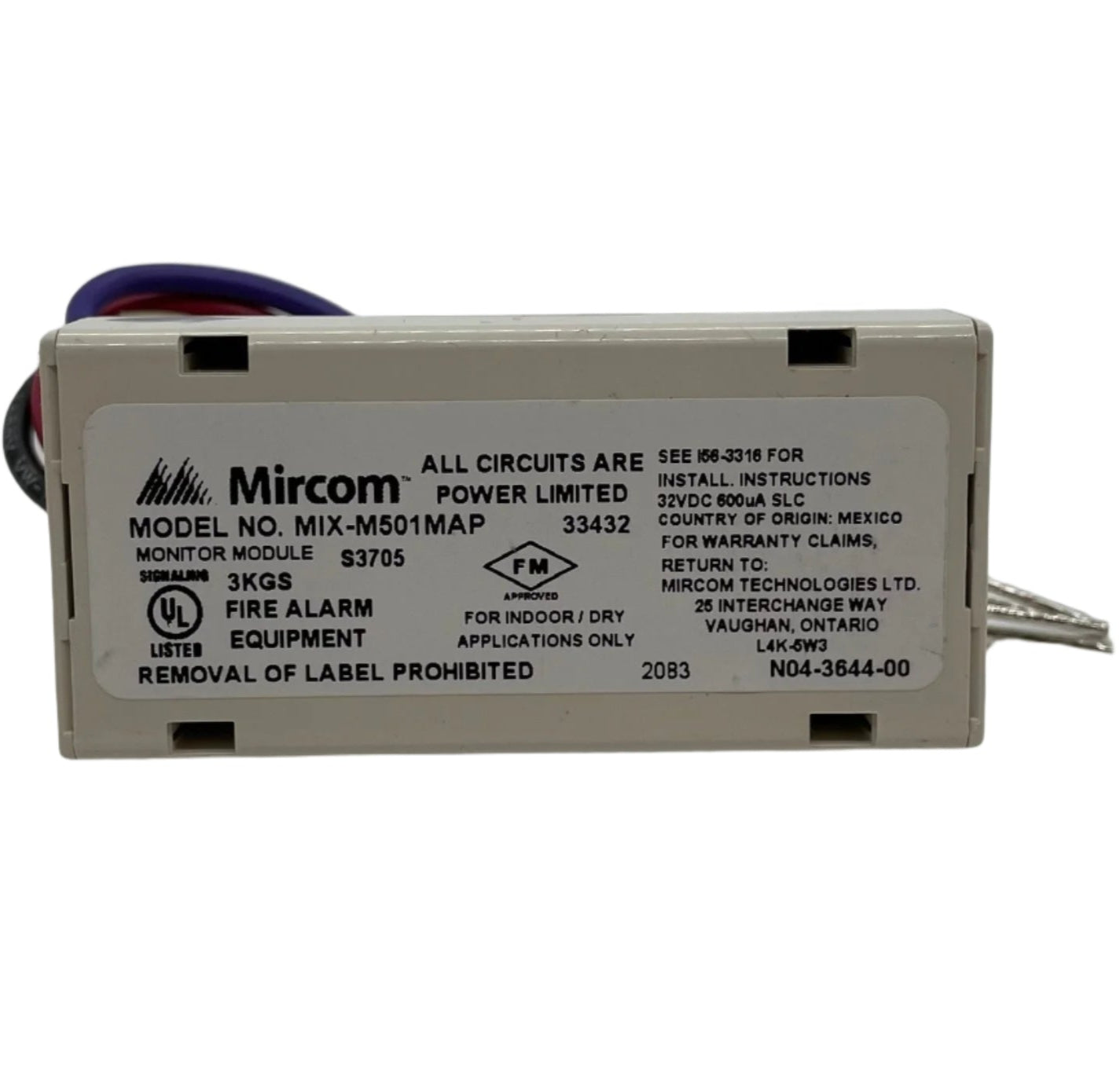 Mircom MIX-M501MAP fire alarm monitor module with multiple connection ports and status indicators on a white background.