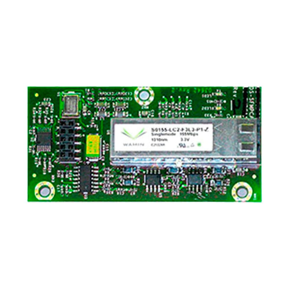 Notifier DS-SFM single mode fiber option module for voice systems, shown in a close-up of the fiber converter card.