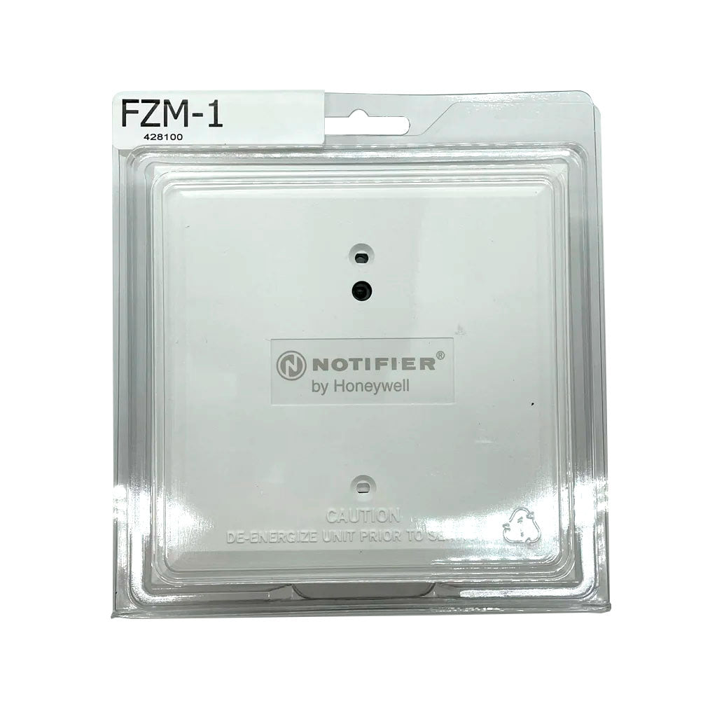 Notifier FZM-1 fire alarm interface module mounted on a control panel, showing connection ports and status indicators.