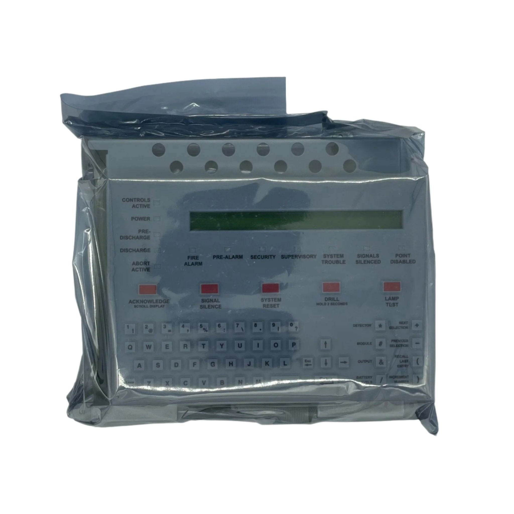 Notifier KDM-R2 fire alarm keypad display module with backlit LCD screen showing default title and status indicators.