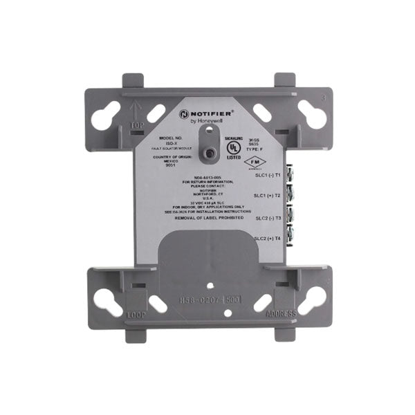 Notifier ISO-X SLC Loop Fault Isolator Module used in fire alarm systems, with compact design and connection ports visible.