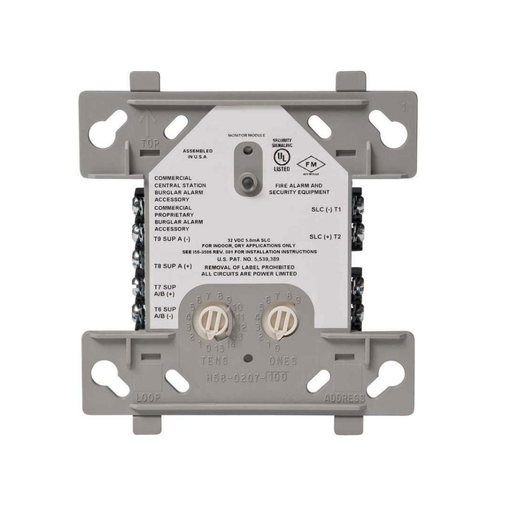Notifier NMM-100 addressable monitor module for fire alarms, shown with connection terminals and status indicators.