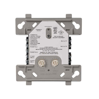 Notifier NMM-100 addressable monitor module for fire alarms, shown with connection terminals and status indicators.
