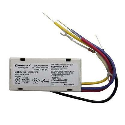 Notifier NMM-100P Addressable Mini Monitor Module for fire alarms, shown mounted on a panel with wiring connections.