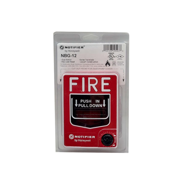 Notifier NBG-12 Dual Action Manual Pull Station for fire alarms, featuring a durable metal design with dual-action levers.
