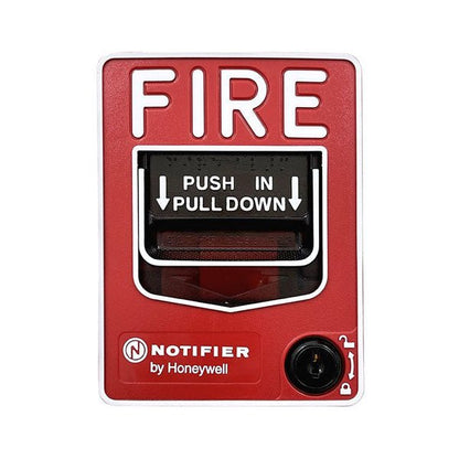 Notifier NBG-12LO outdoor manual pull station for fire alarms, with a rugged, weather-resistant design for emergency use.