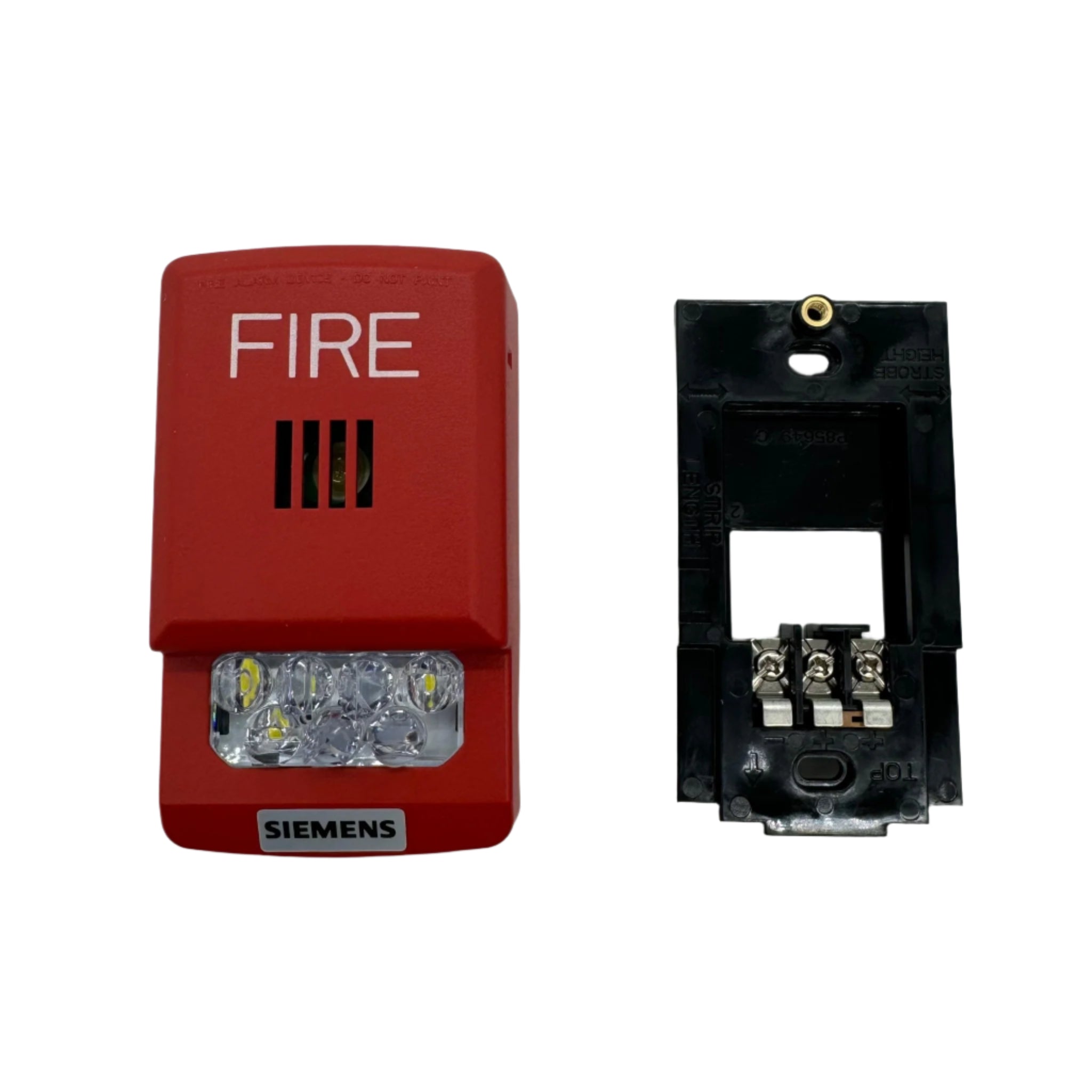 Siemens fire alarm horn strobe model SL2HSWR-F with bright flashing light and alarm horn for safety alert visibility and sound.