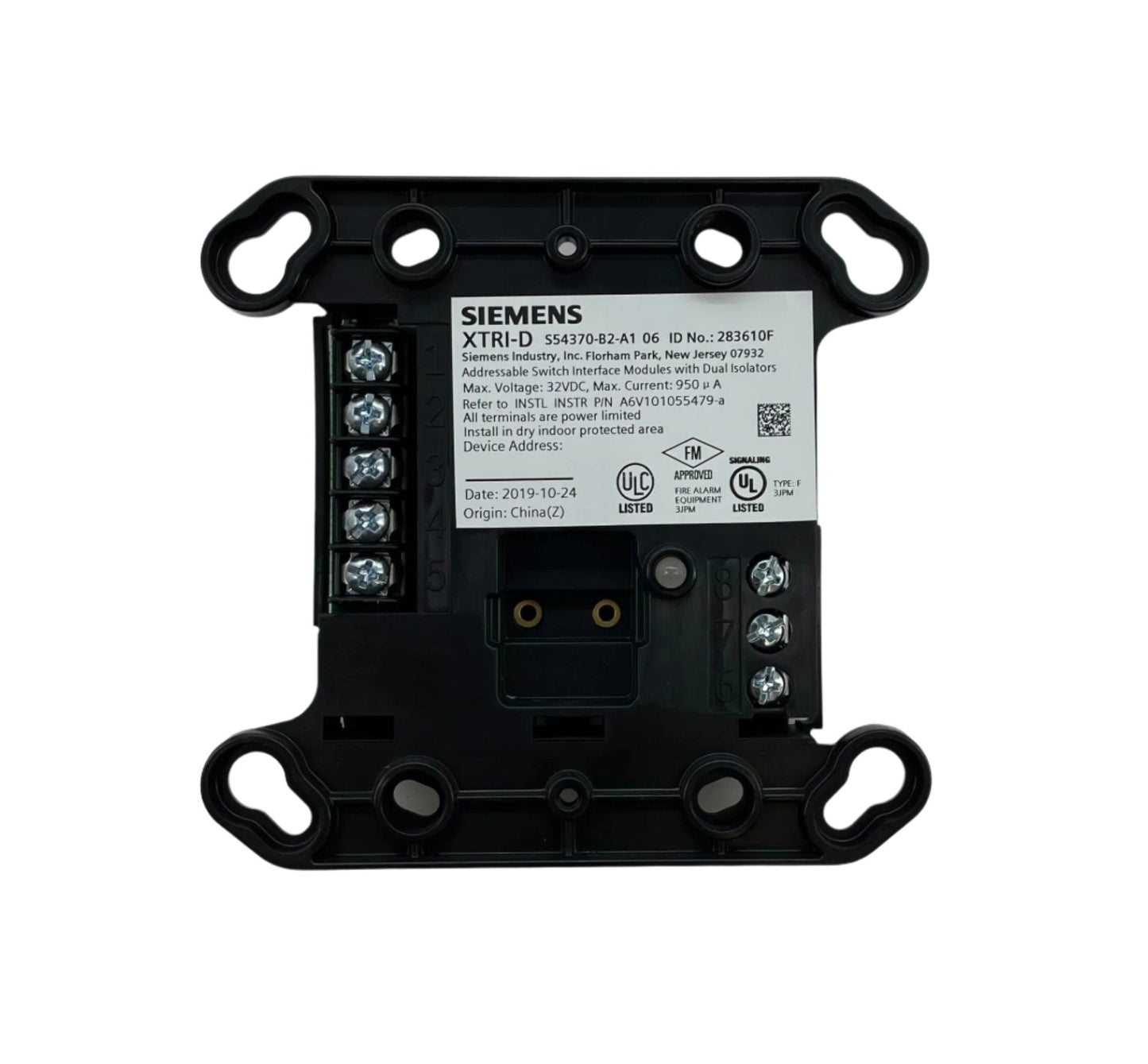 Siemens XTRI-D fire alarm remote unit interface, black device with connection ports, used for fire alarm system integration.