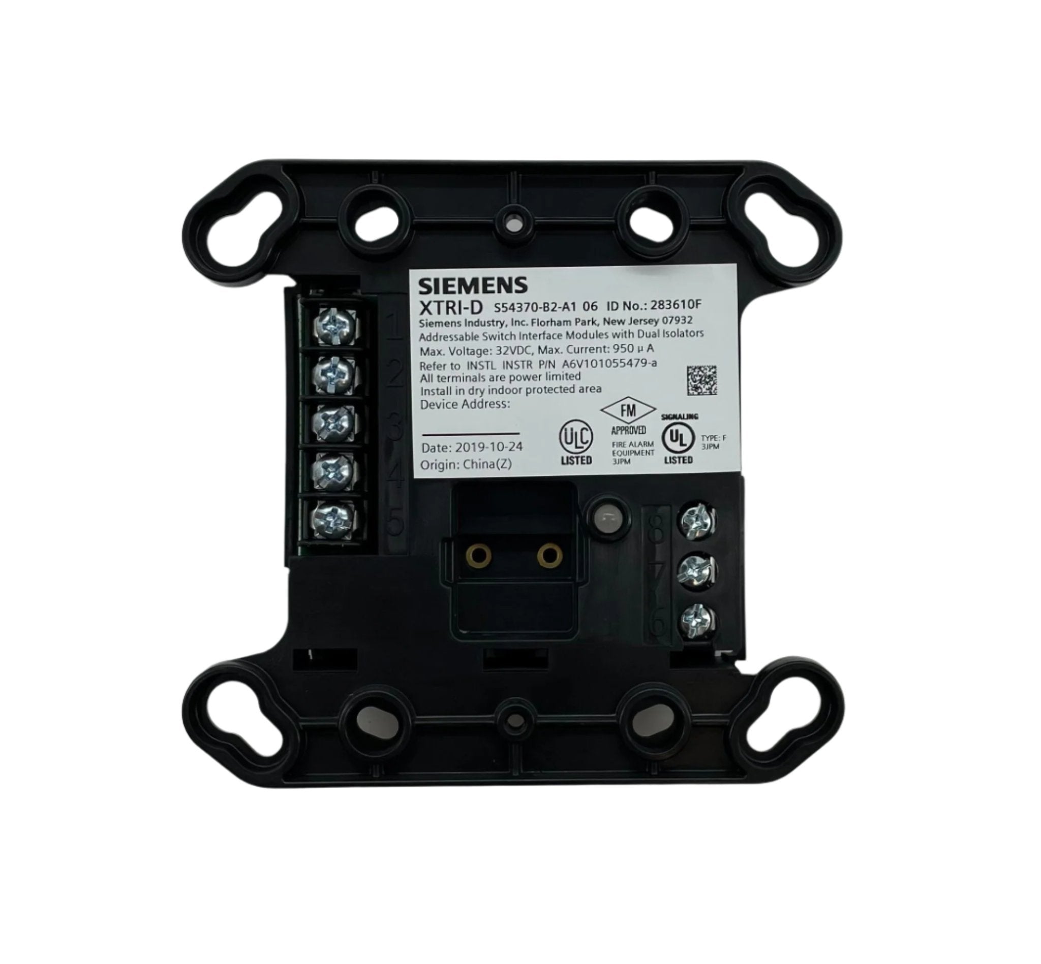 Siemens XTRI-D fire alarm remote unit interface, black device with connection ports, used for fire alarm system integration.